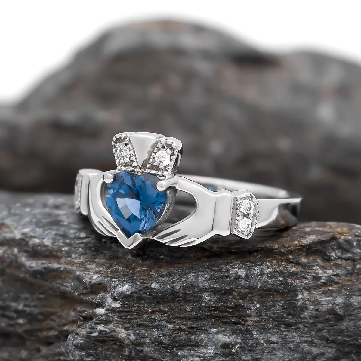 Sapphire and Diamond Claddagh Ring in White Gold