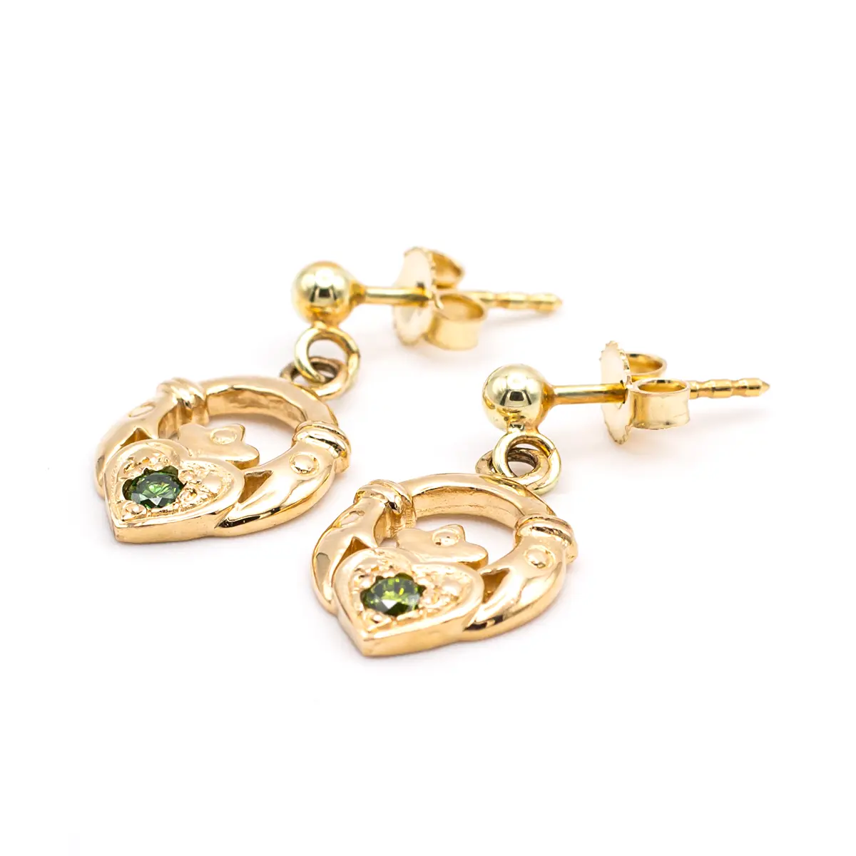 2 Gold Claddagh Drop Earrings With Green Colored Diamonds 2...