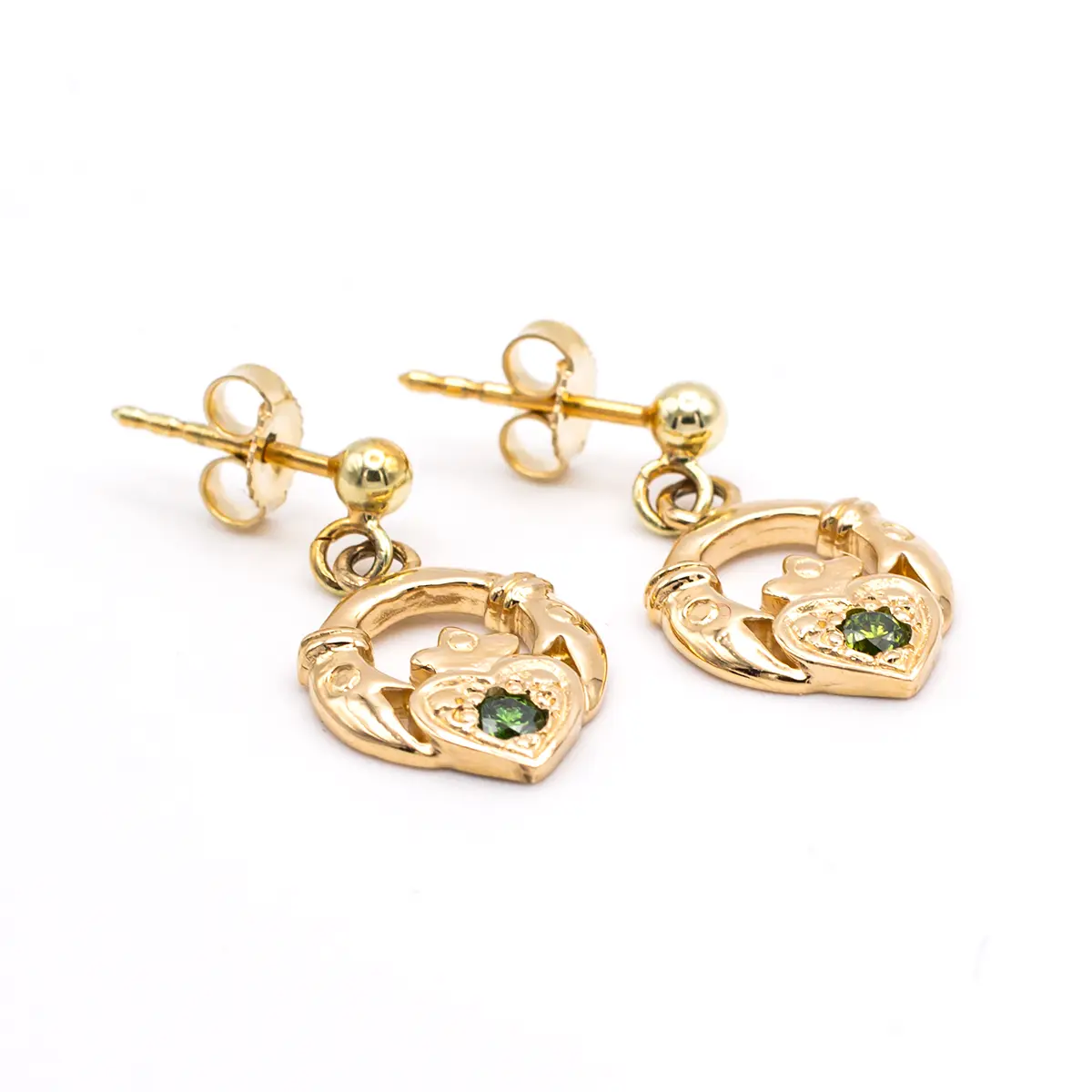 3 Gold Claddagh Drop Earrings With Green Colored Diamonds 3...