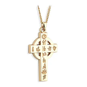 14k Gold History of Ireland Large Celtic Cross Pendant on Chain...