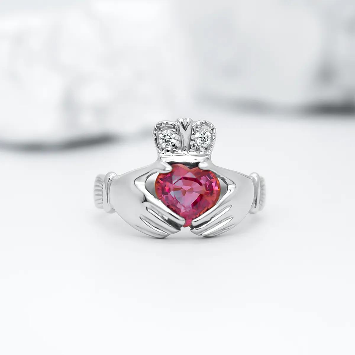 Claddagh Engagement Ring with Ruby and Diamonds