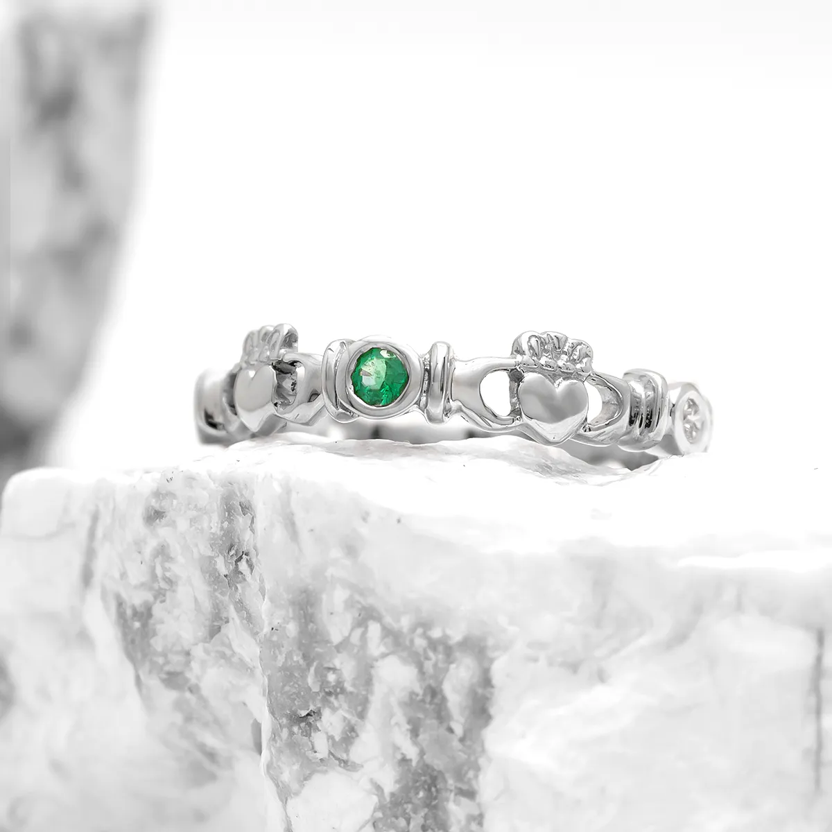 White Gold 3 Stone Emerald And Diamond Claddagh Ring...