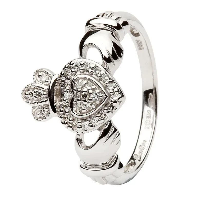 9 Ladies 14k White Gold Claddagh Ring Encrusted With Diamonds 14L83W 4