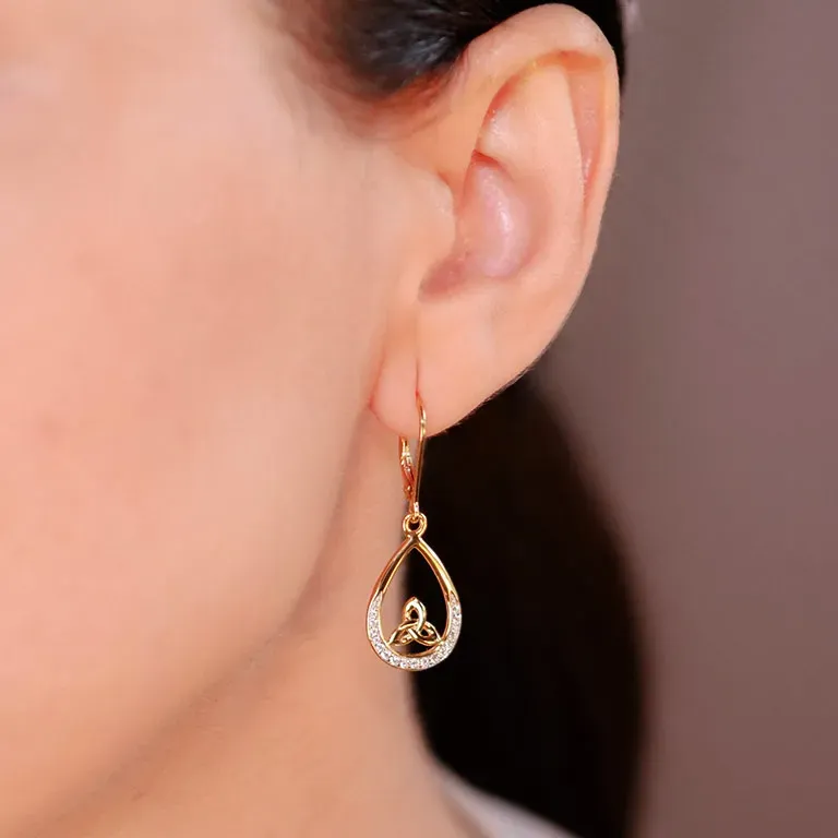 9 Png 14k Gold Diamond Set Trinity Knot Drop Earrings 14E689 On Model...