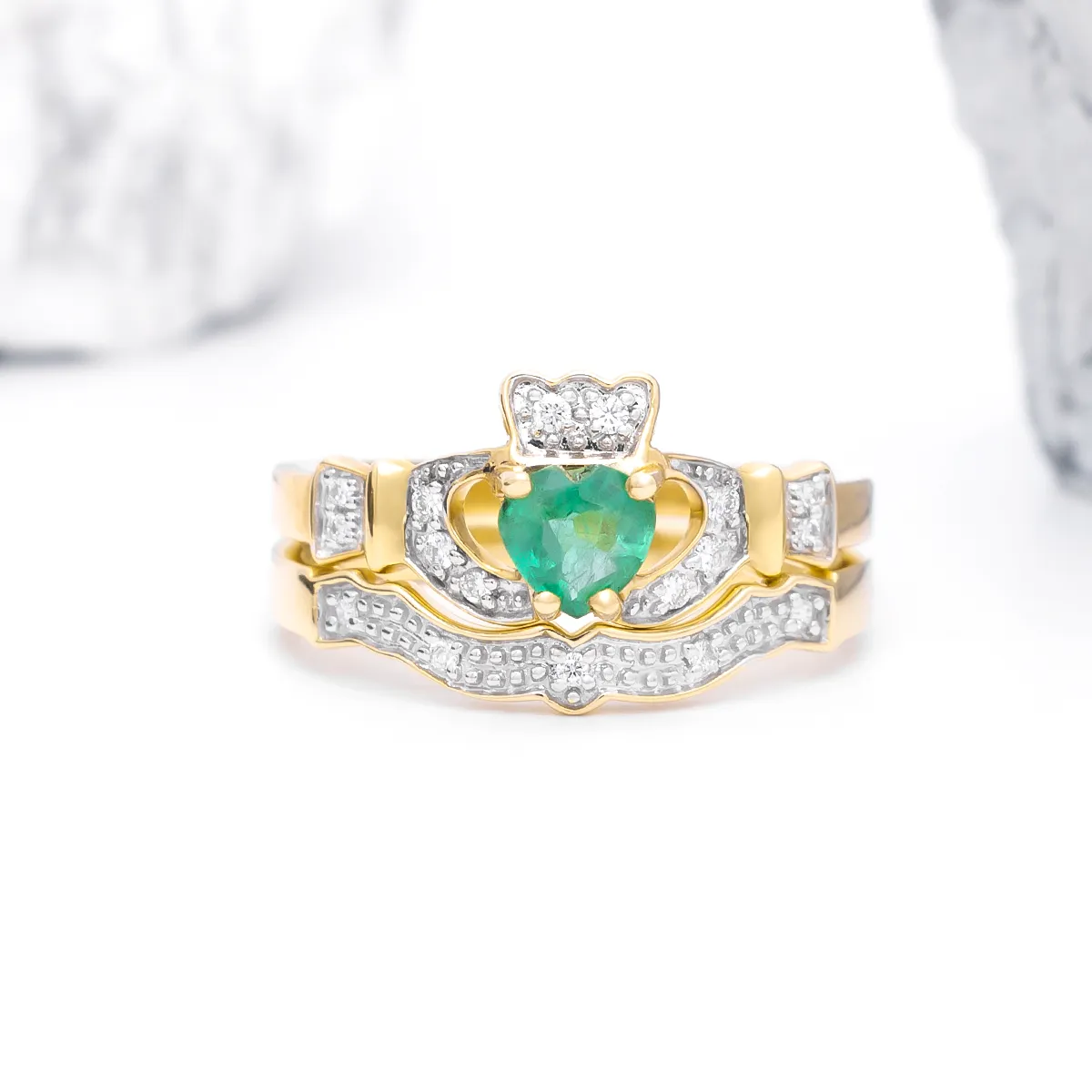 Emerald and Diamond Claddagh Engagement Ring Set