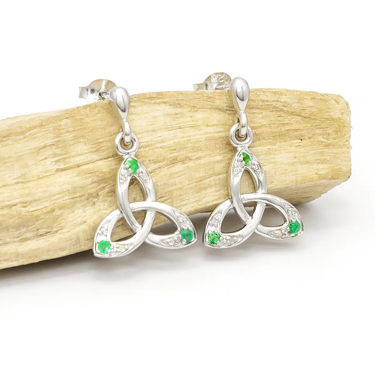 Sterling Silver Trinity Knot Earrings with Emeralds and Diamonds...