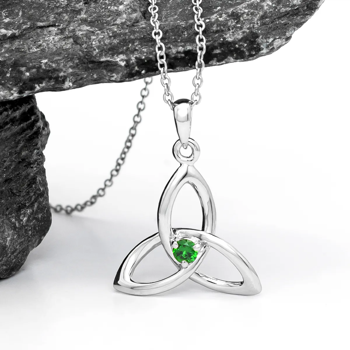 Silver Trinity Knot Necklace with Green Stone