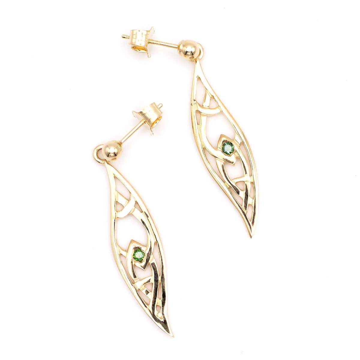 14k Gold Celtic Drop Earrings With Green Colored Diamonds...