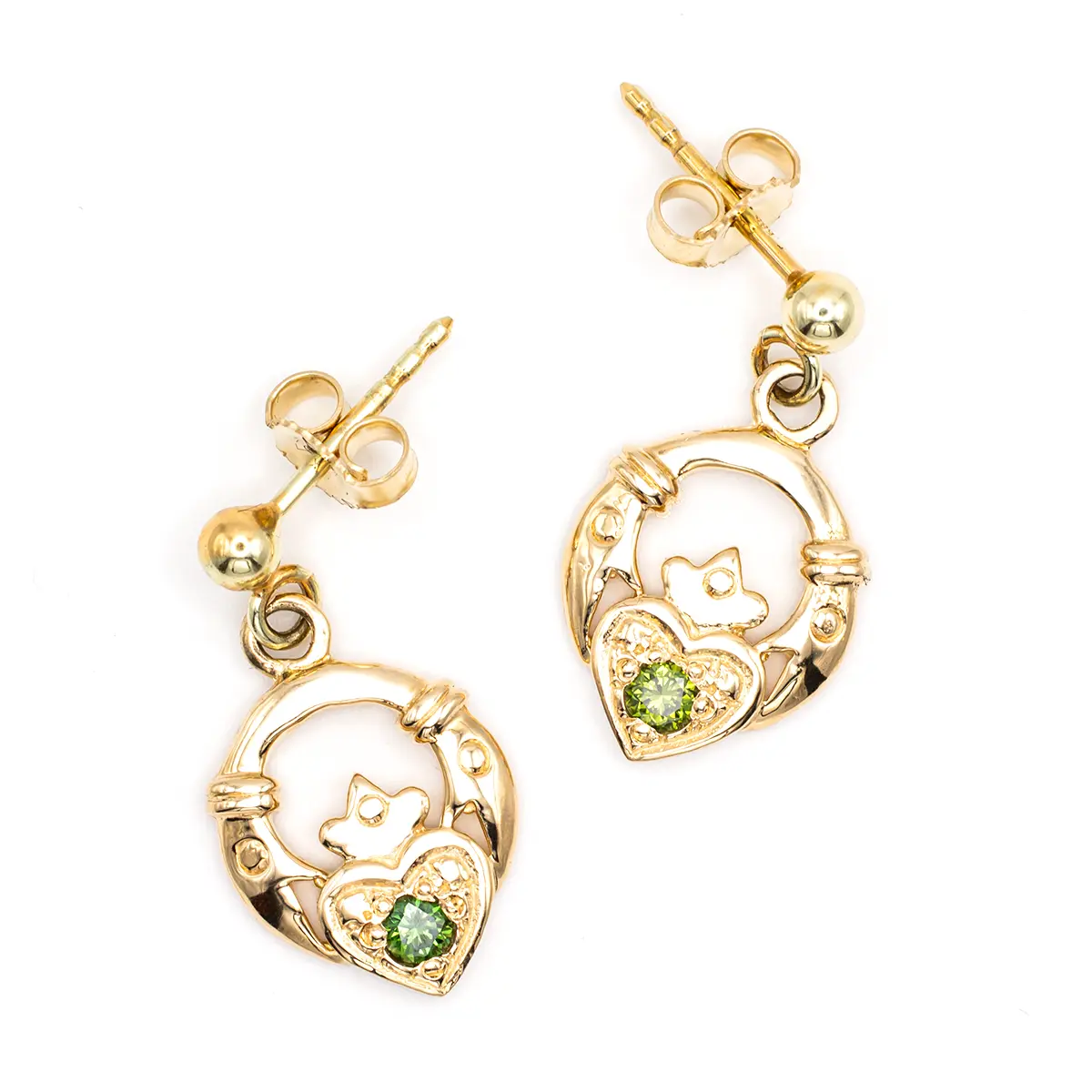Gold Claddagh Drop Earrings With Green Colored Diamonds 1...