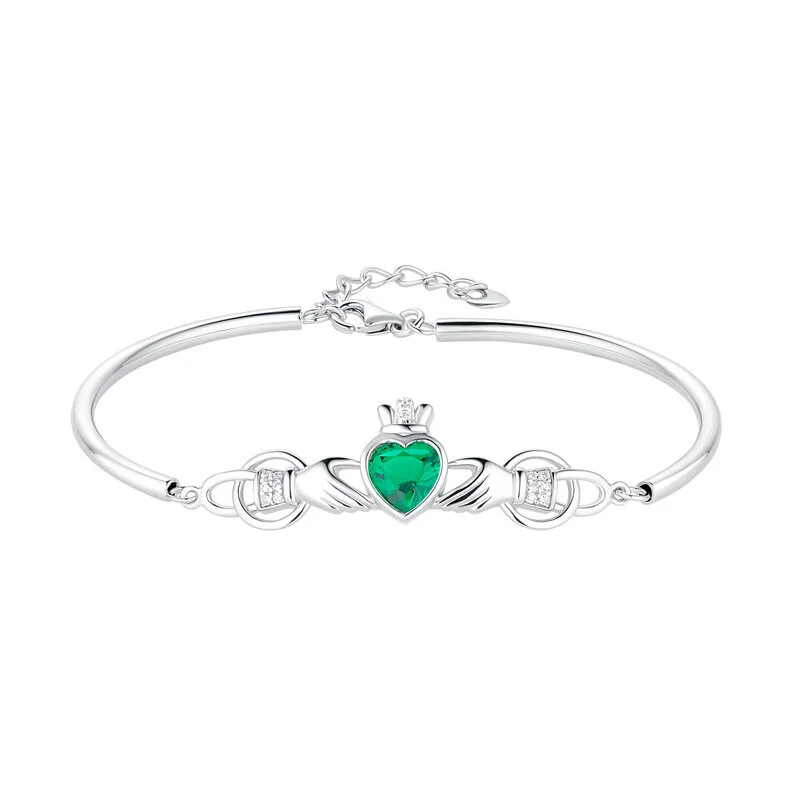 Sterling Silver Claddagh Bangle with Green Cubic Zirconia Heart...