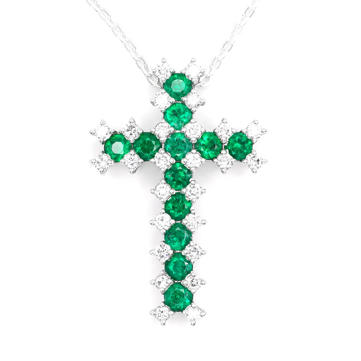 18k White Gold Emerald And Diamond Cross Pendant...