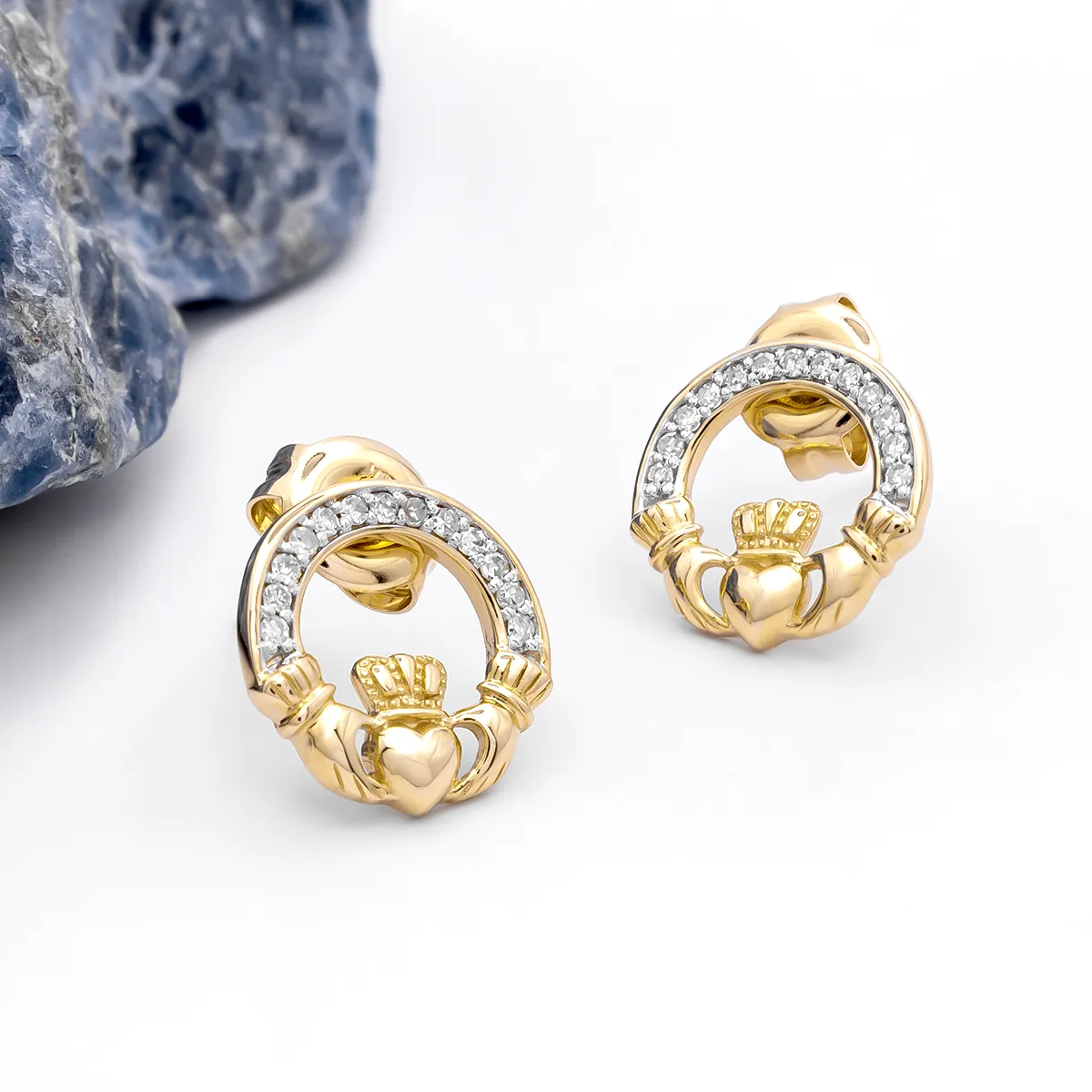 Traditional Claddagh Design Diamond Earrings Set in 14k Gold...