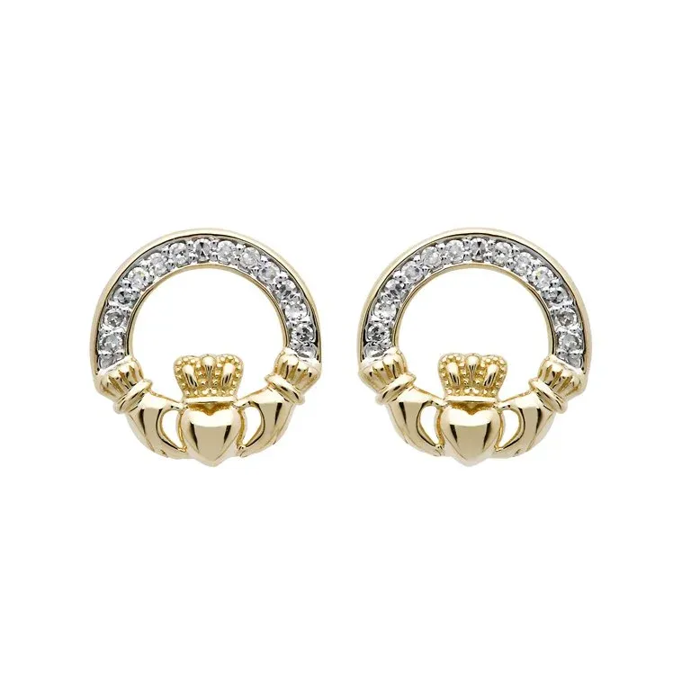 Traditional Claddagh Design Diamond Earrings Set in 14k Gold Photo 9 