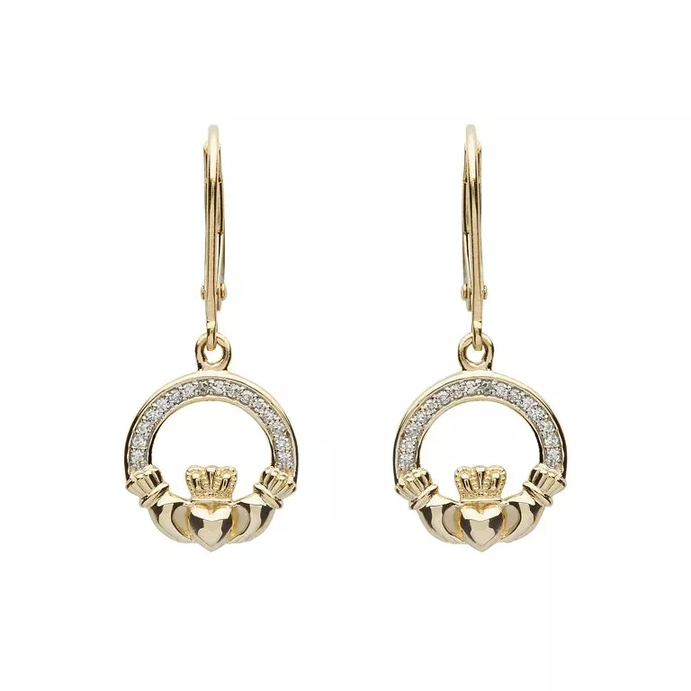 1 14k Yellow Gold Claddagh Drop Earrings With Pave Set Diamonds 14E663 4