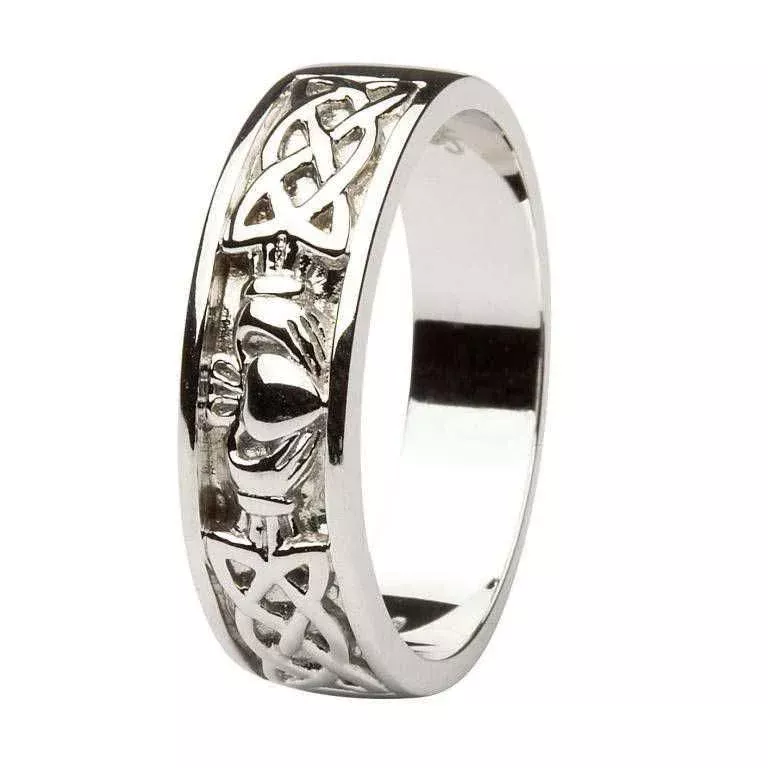 Gents 14K White Gold Claddagh Celtic Knot Wedding Ring