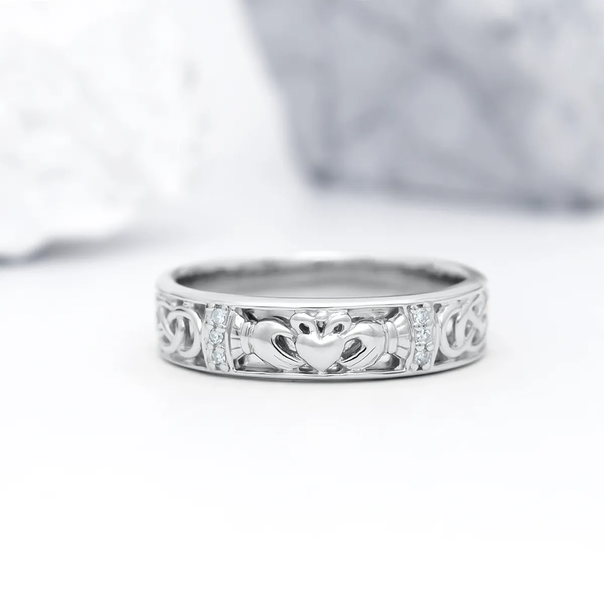Ladies White Gold Diamond Claddagh Celtic Knot Ring...