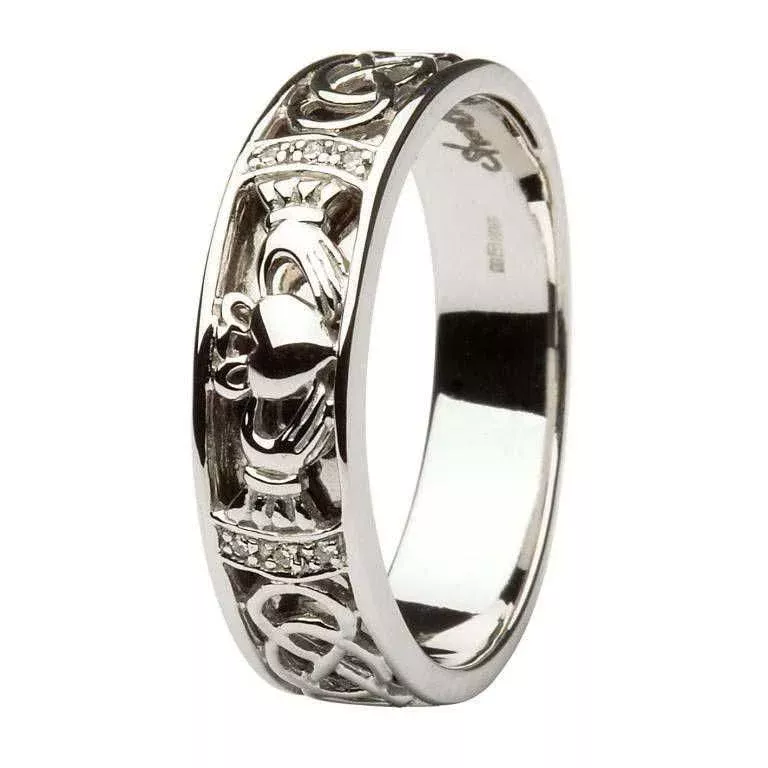 Claddagh Wedding Band Gents Diamonds Set with Celtic Knotwork