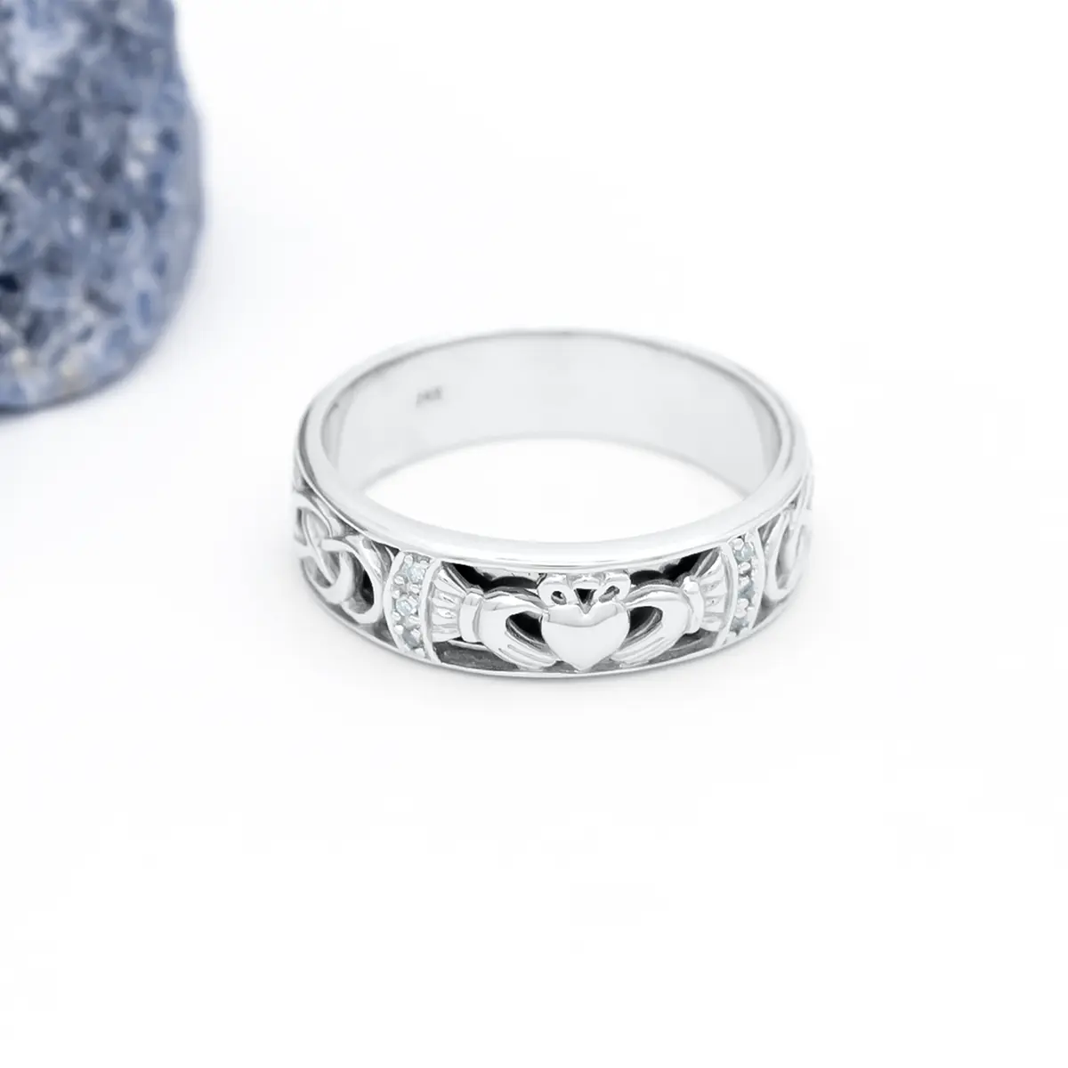 Gents White Gold Diamond Claddagh Wedding Band With Celtic Knotwork Photo 4 