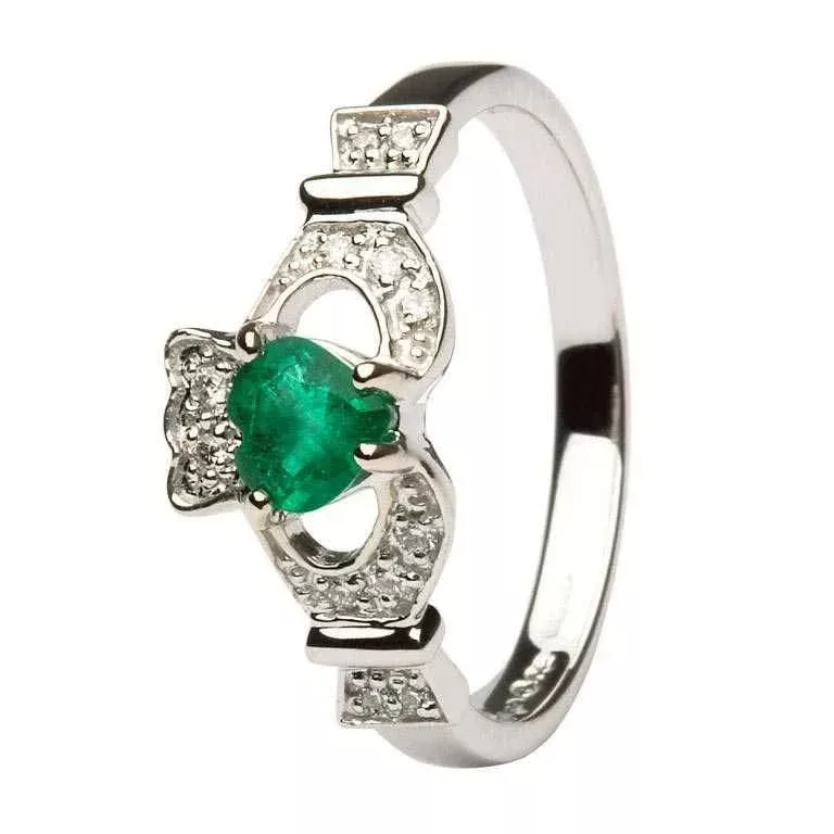 14k White Gold Emerald and Diamond Claddagh Ring