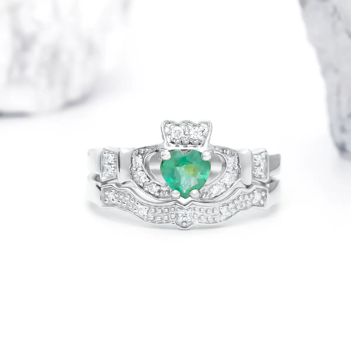 White Gold Emerald And Diamond Claddagh Engagement Ring Set