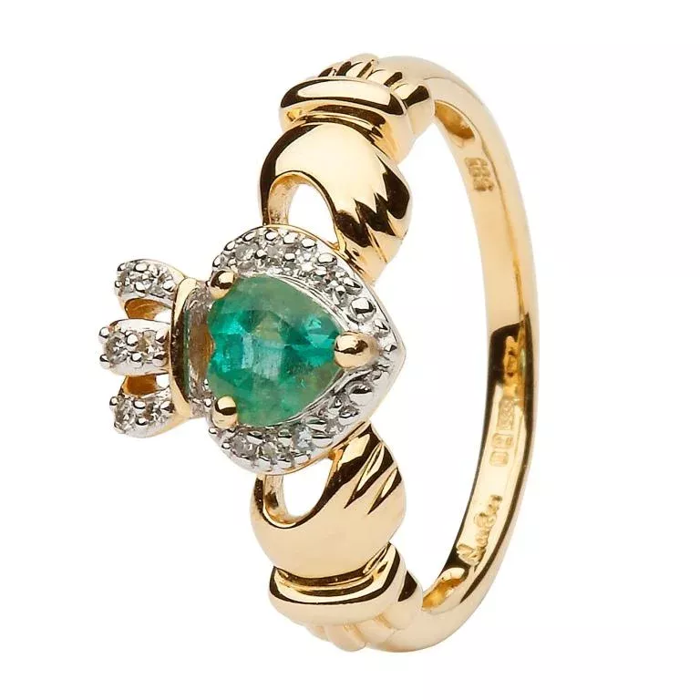 Ladies Yellow Gold Claddagh Ring Set With Emerald And Diamond 14L82 4