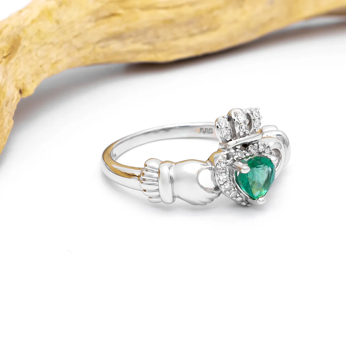 14K White Gold Diamond and Heartshaped Emerald Claddagh Ring Photo 5 