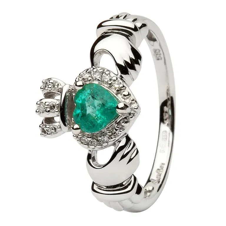 Ladies White Gold Claddagh Ring Set With Emerald And Diamond 14L82W 4