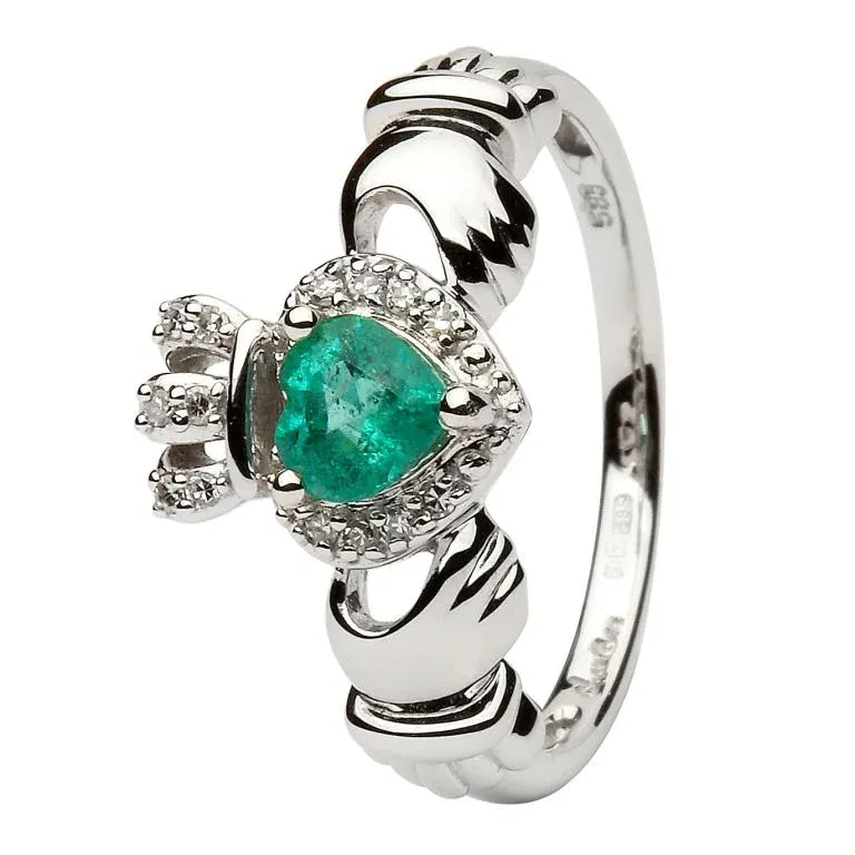 Ladies White Gold Claddagh Ring Set With Emerald And Diamond 14L82W 4...