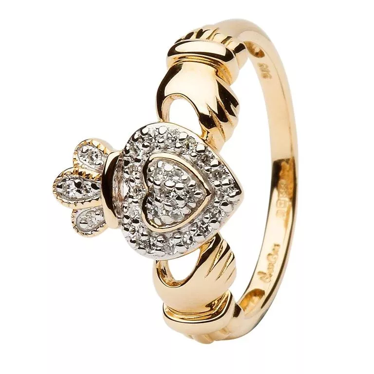 1 Ladies 14k Yellow Gold Claddagh Ring Encrusted With Diamonds 14L83 4