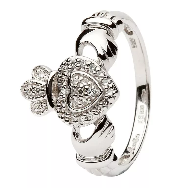 1 Ladies 14k White Gold Claddagh Ring Encrusted With Diamonds 14L83W 4