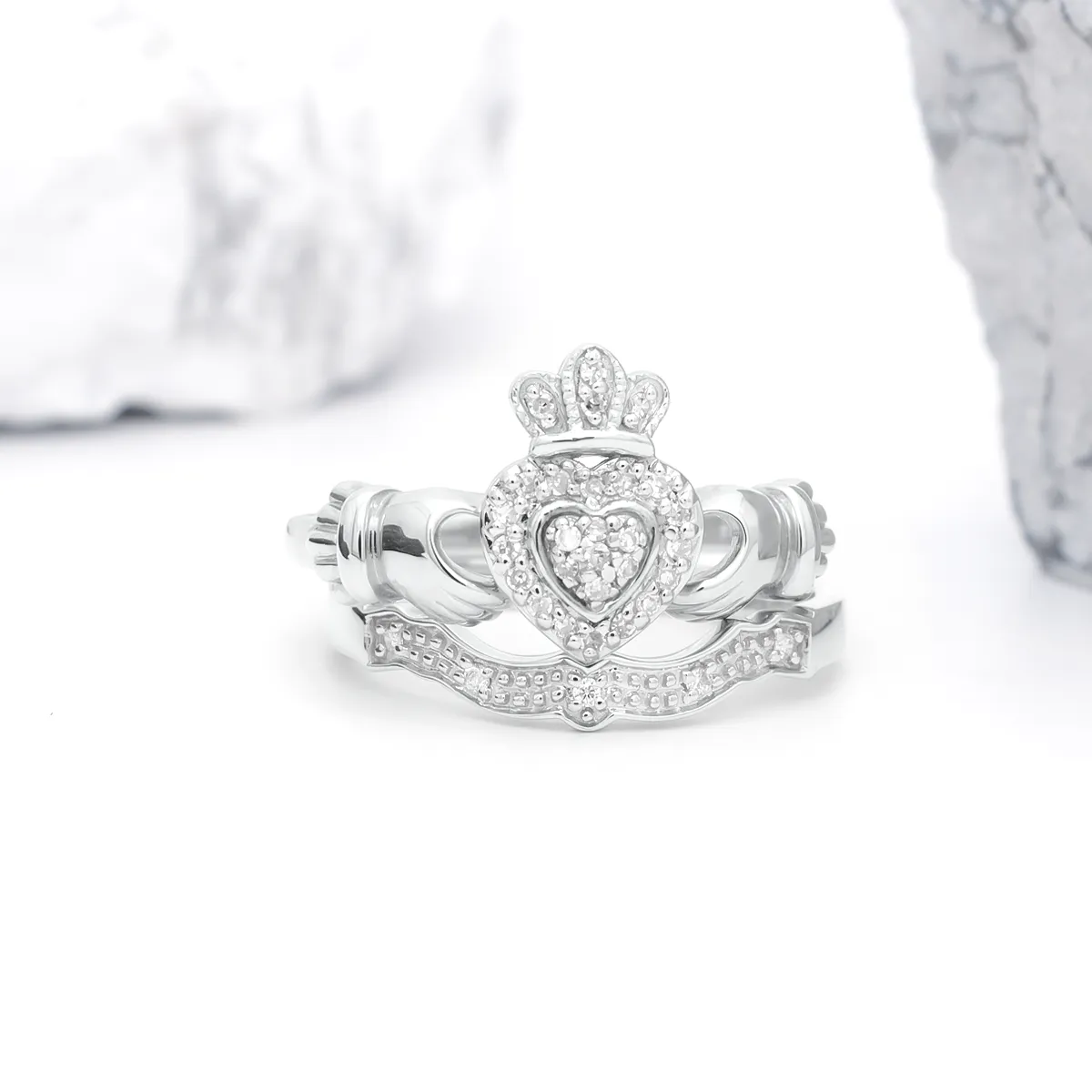 White Gold And Diamond Irish Claddagh Ring Set...