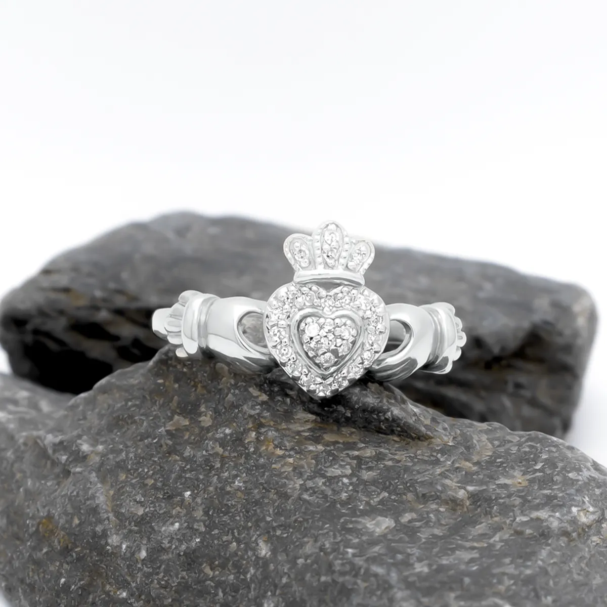 Shimmering 0.15 Carat Diamond Claddagh Ring Crafted In White Gold...