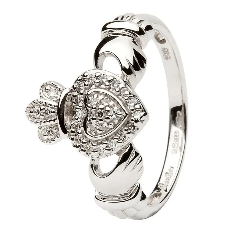 1 Ijc Ladies 14k White Gold Claddagh Ring Encrusted With Diamonds 14...