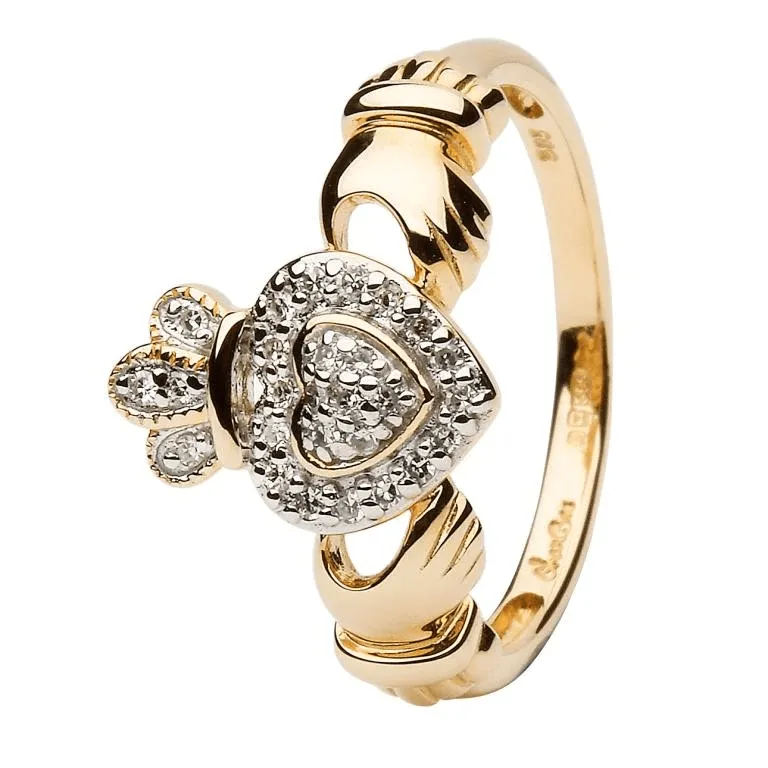 10 Ladies 14k Yellow Gold Claddagh Ring Encrusted With Diamonds...