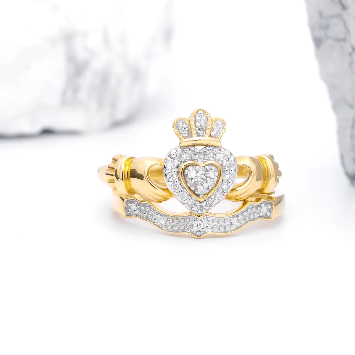 Gold and Diamond Irish Claddagh Engagement Ring Set...