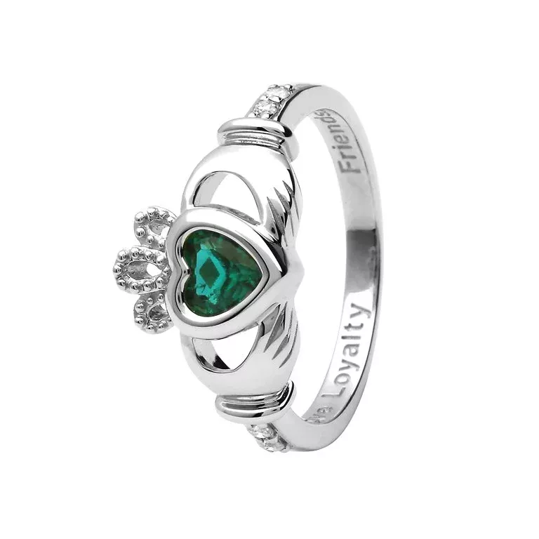 14K White Gold Claddagh May Birthstone Ring Photo 2 