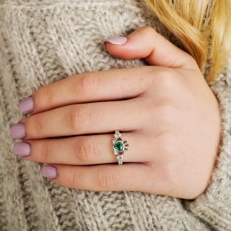 14K White Gold Claddagh May Birthstone Ring Photo 3 