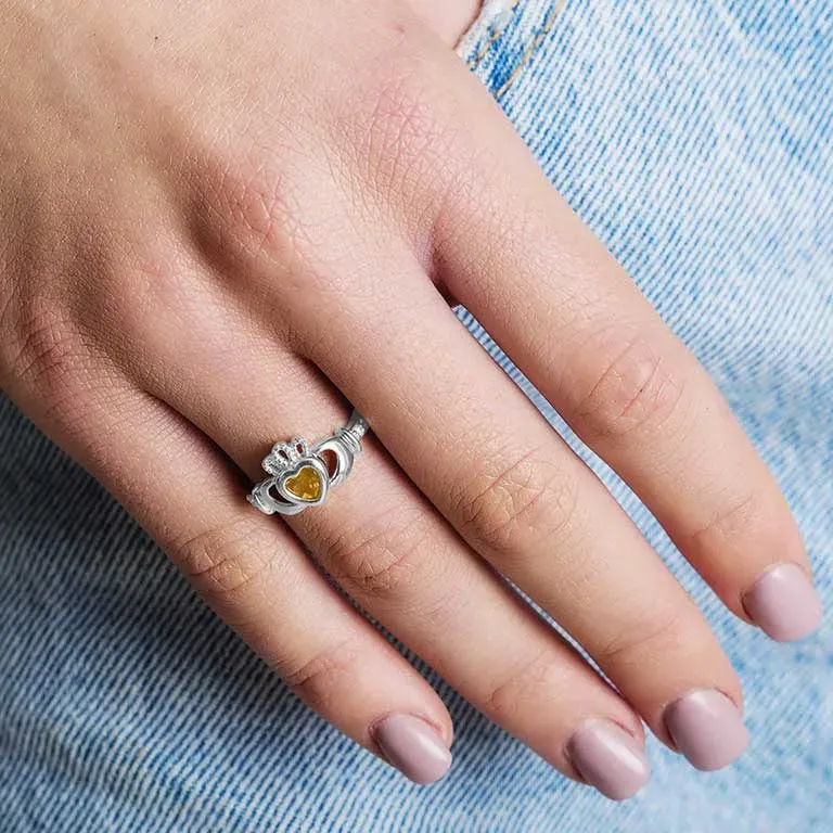 14K White Gold Claddagh November Birthstone Ring Photo 3 
