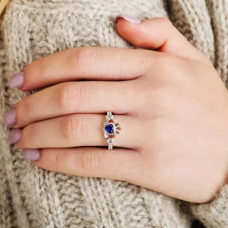 14K White Gold Claddagh September Birthstone Ring Photo 2 