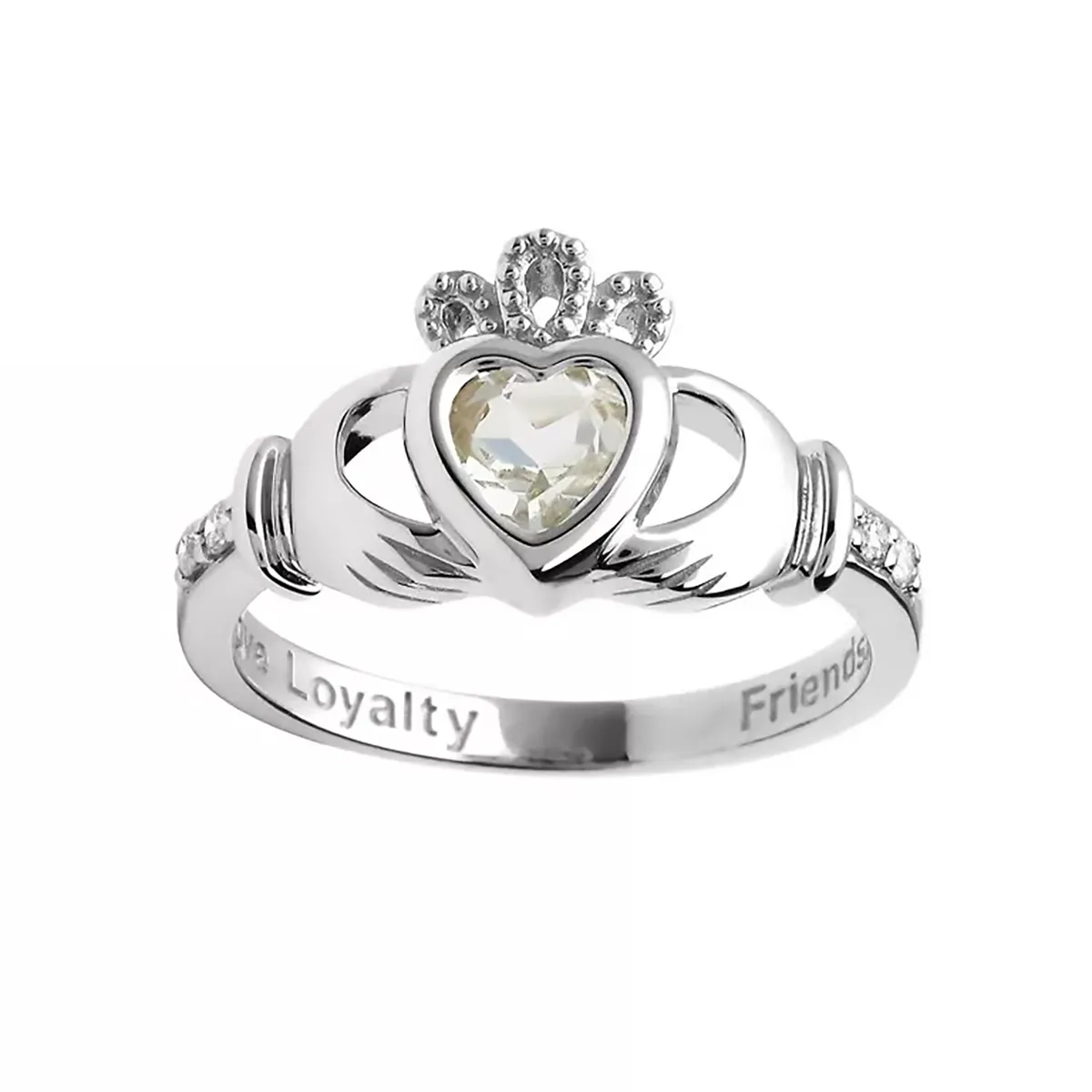 14K White Gold Claddagh April Birthstone Ring...