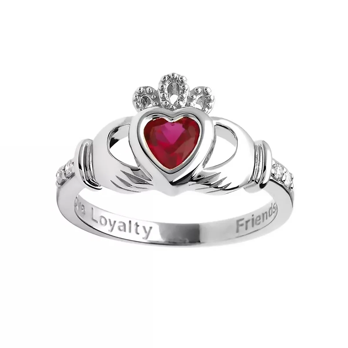 14K White Gold Claddagh July Birthstone Ring...