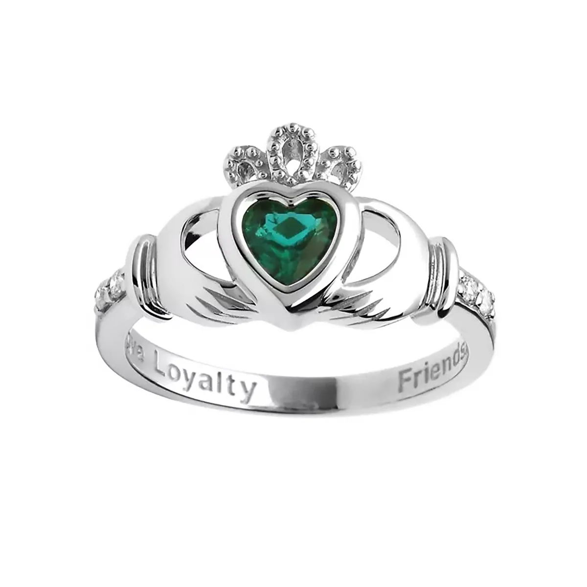 14K White Gold Claddagh May Birthstone Ring...