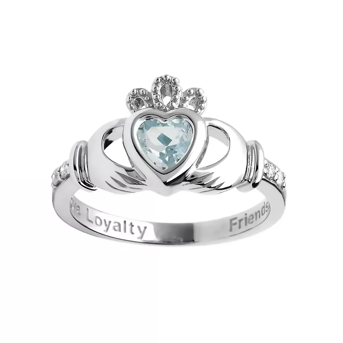 14K White Gold Claddagh March Birthstone Ring...