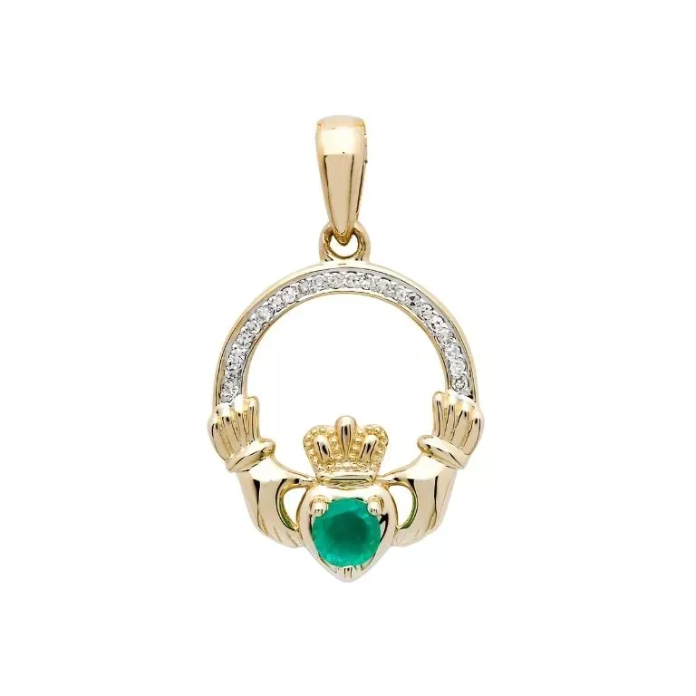 14k Yellow Gold Claddagh Pendant Set With Emerald And Diamond 14p672 Closeup...