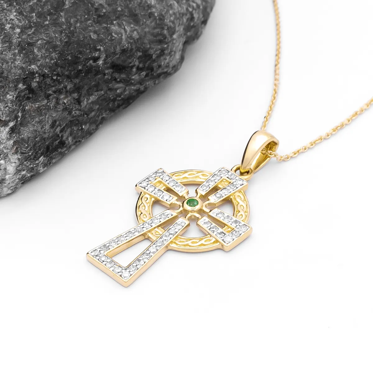 Emerald and Diamond Celtic Cross Pendant on Chain