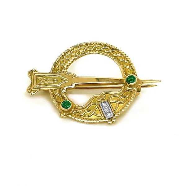 Emerald And Brilliant Cut Diamond Stamped Tara Brooch