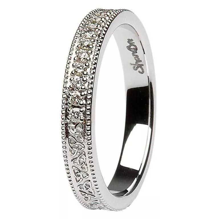 1 Celtic Trinity Knot Diamond Set 14k White Gold Wedding Ring BR5W