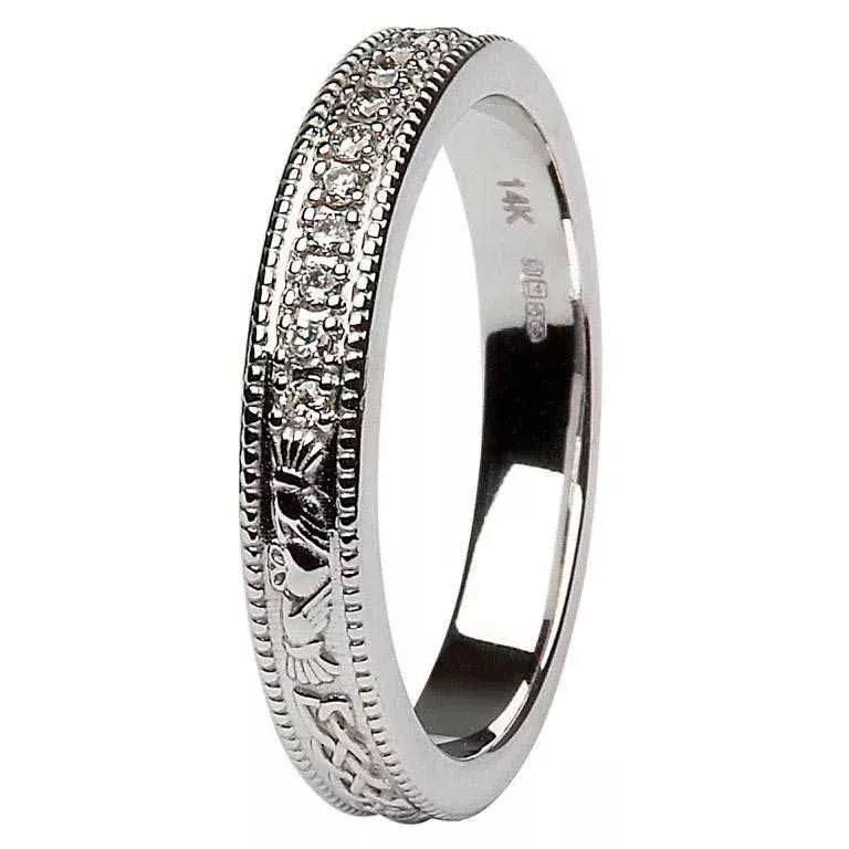 14k White Gold Ladies Claddagh Celtic Wedding Ring set with Diamonds