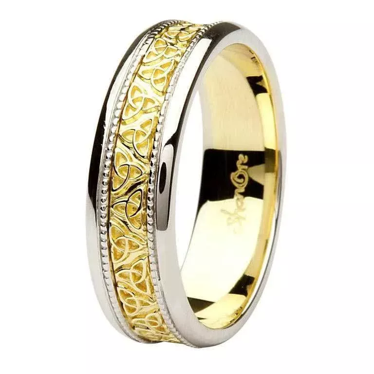 Gents Two Tone Gold Trinity Knot Wedding Band with White Gold Milgrain...
