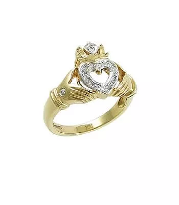 Gold Claddagh Ring With Diamond Open Heart